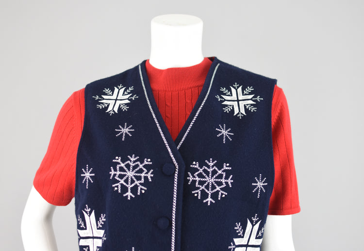 Vintage Christmas Dark Blue Snowflake Vest Women's Medium