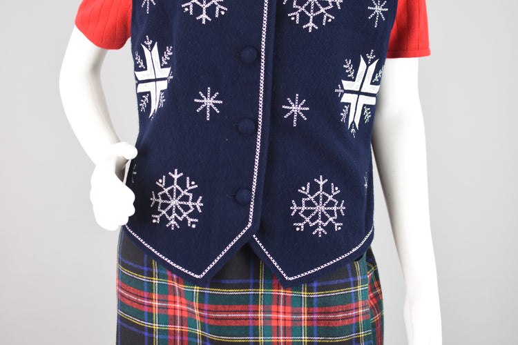 Vintage Christmas Dark Blue Snowflake Vest Women's Medium