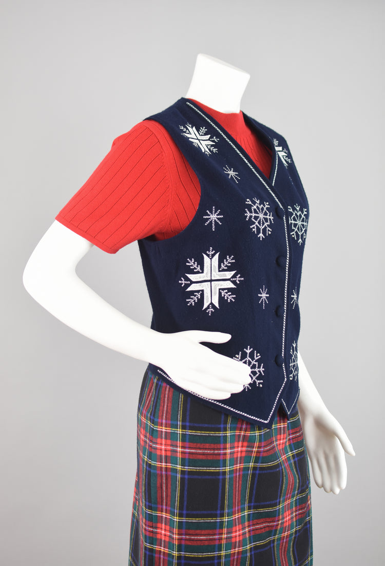 Vintage Christmas Dark Blue Snowflake Vest Women's Medium