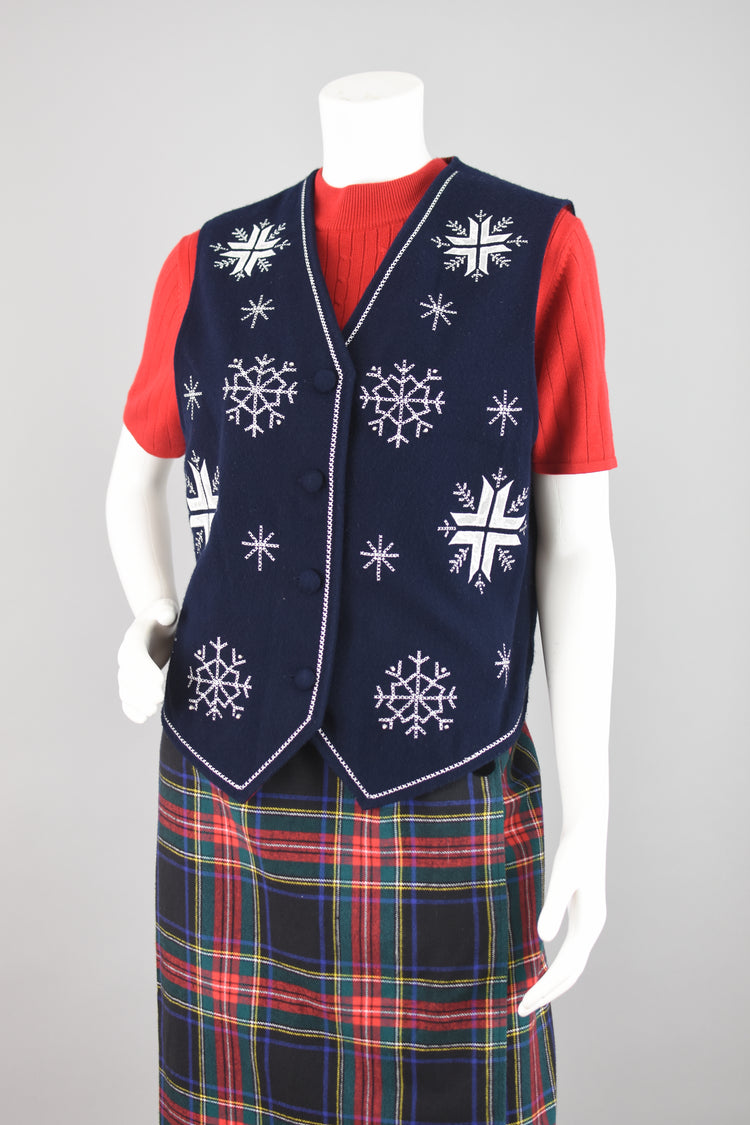 Vintage Christmas Dark Blue Snowflake Vest Women's Medium