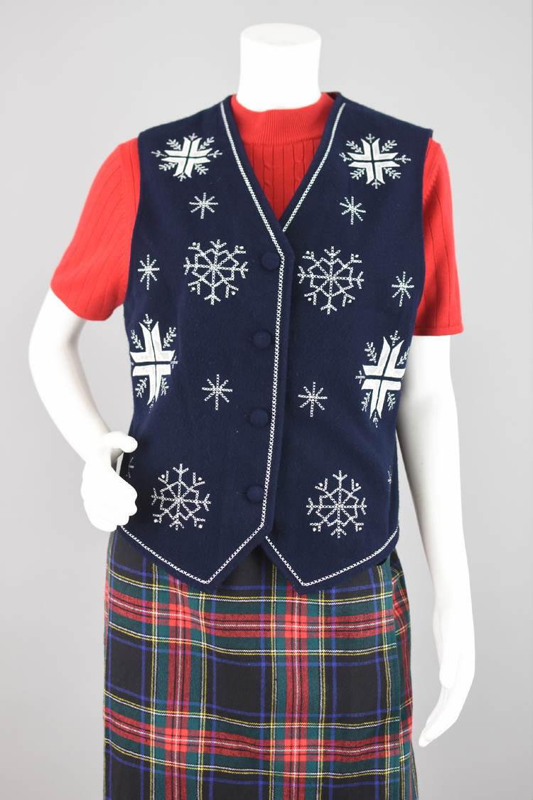 Vintage Christmas Dark Blue Snowflake Vest Women's Medium