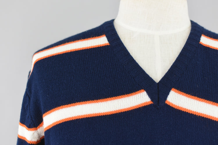 70s Blue Striped Campus College Wear Sweater Large