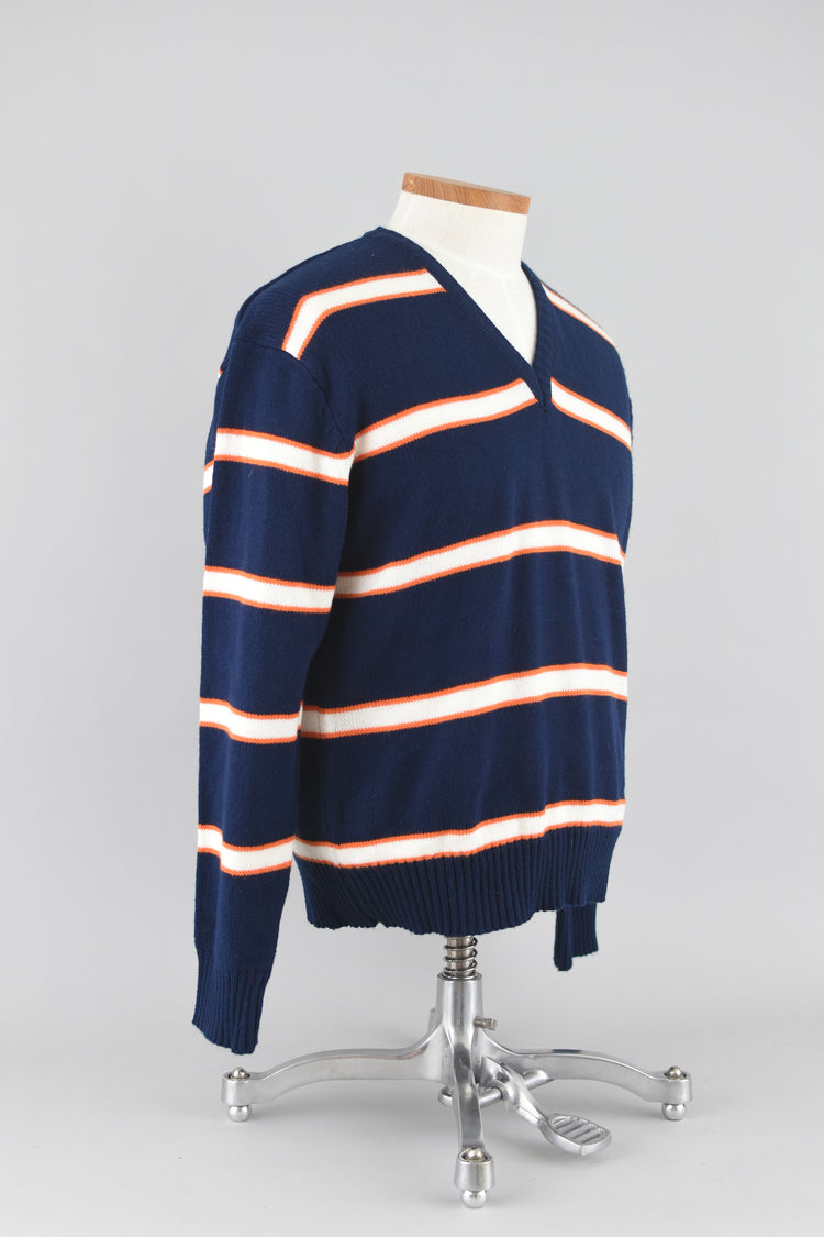 70s Blue Striped Campus College Wear Sweater Large