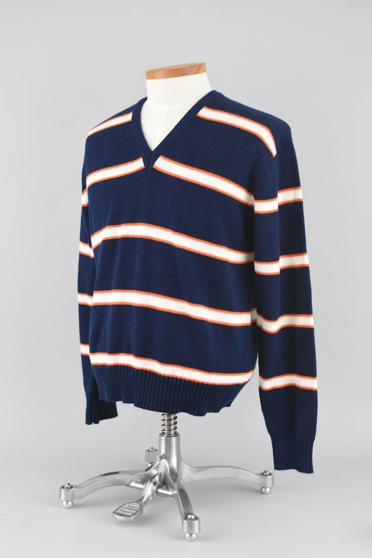 70s Blue Striped Campus College Wear Sweater Large