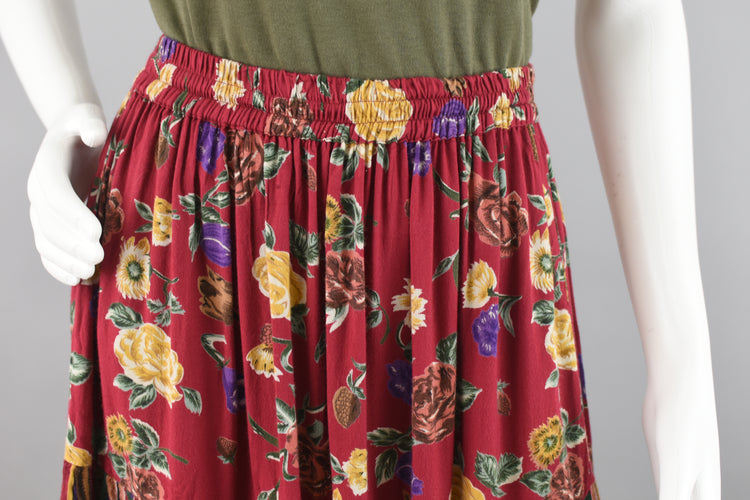 Magenta Floral Tiered Boho Skirt Women's Medium