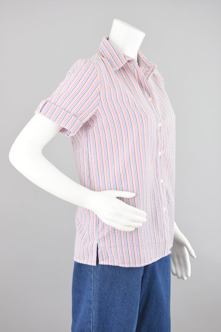 90s Bright Colors Button Down Striped Top Small