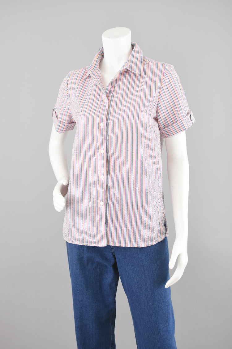 90s Bright Colors Button Down Striped Top Small