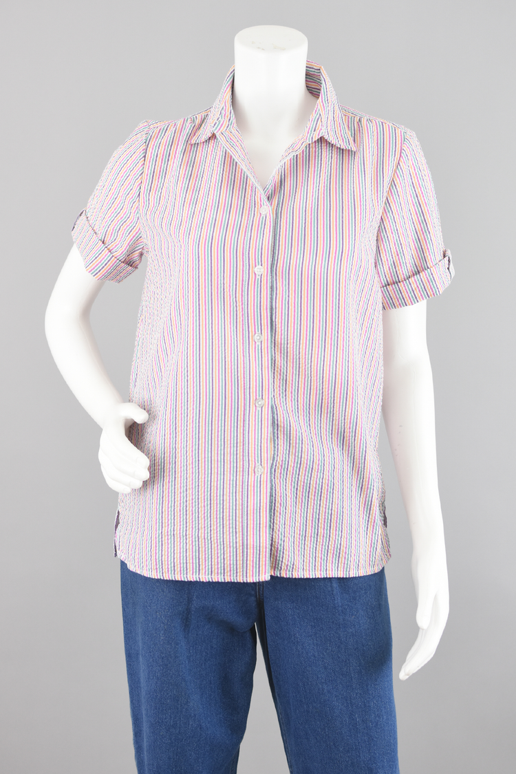 90s Bright Colors Button Down Striped Top Small