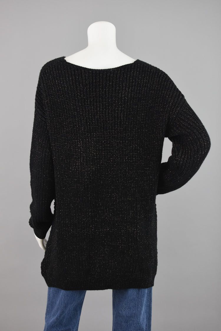 Y2K Black Chunky Knit Ribbed Metallic Sweater Women's Large