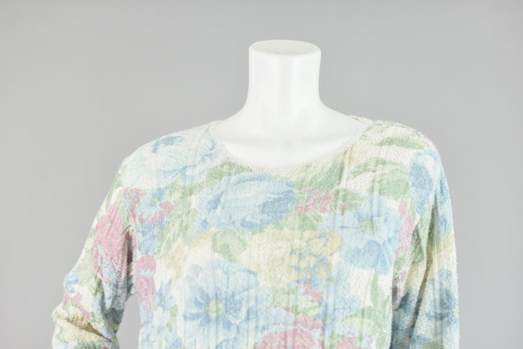 90s Pastel Floral Crochet Knit Spring Sweater, Women's Petite Medium