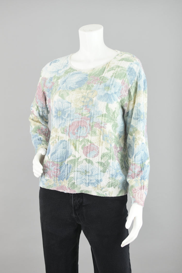 90s Pastel Floral Crochet Knit Spring Sweater, Women's Petite Medium