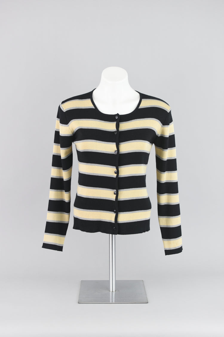 90s Black Striped Long Sleeve Silk Cardigan Size Small