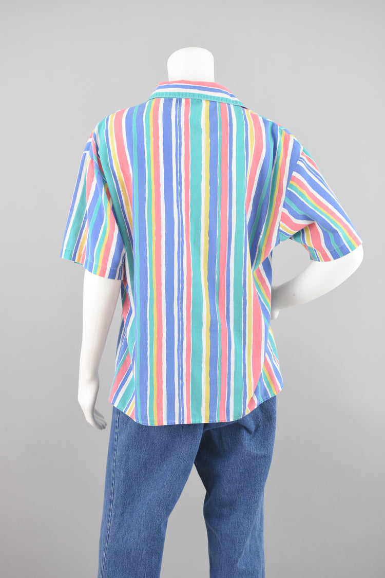 80s Retro Short Sleeve Colorful Striped Shirt Size 12