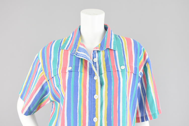 80s Retro Short Sleeve Colorful Striped Shirt Size 12