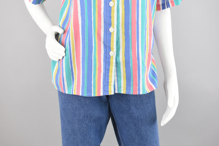 80s Retro Short Sleeve Colorful Striped Shirt Size 12