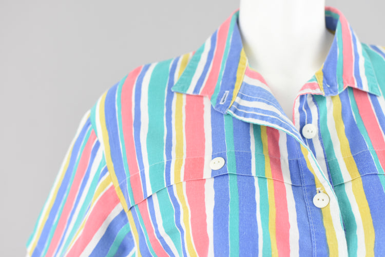 80s Retro Short Sleeve Colorful Striped Shirt Size 12