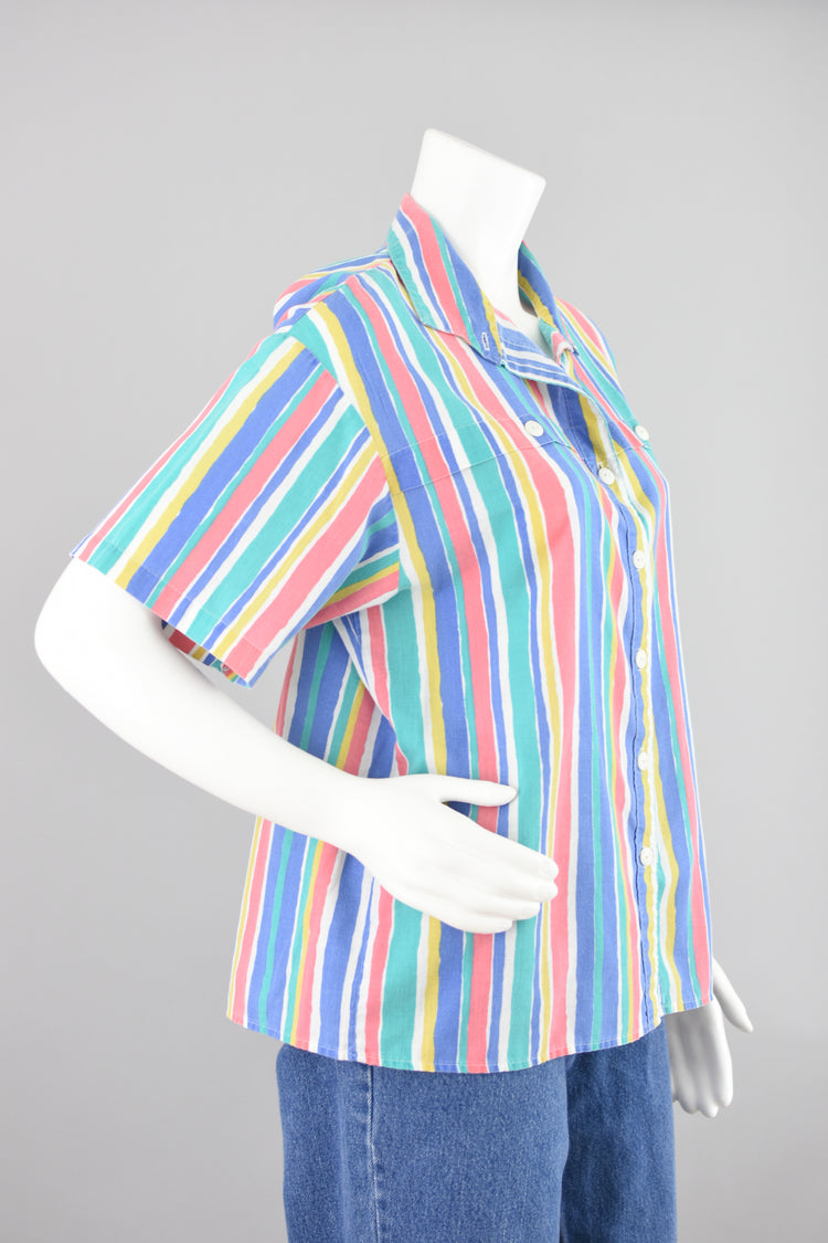 80s Retro Short Sleeve Colorful Striped Shirt Size 12