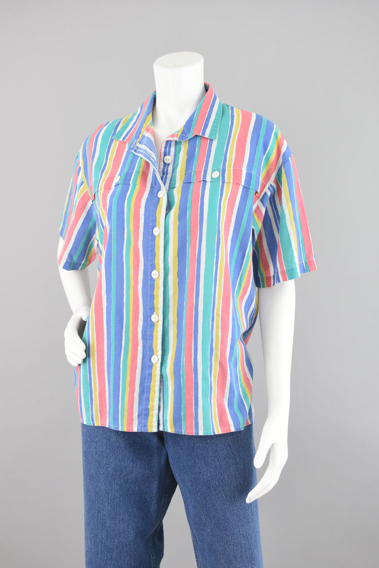 80s Retro Short Sleeve Colorful Striped Shirt Size 12