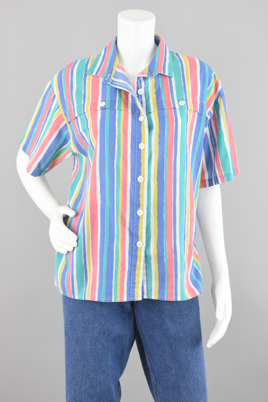 80s Retro Short Sleeve Colorful Striped Shirt Size 12