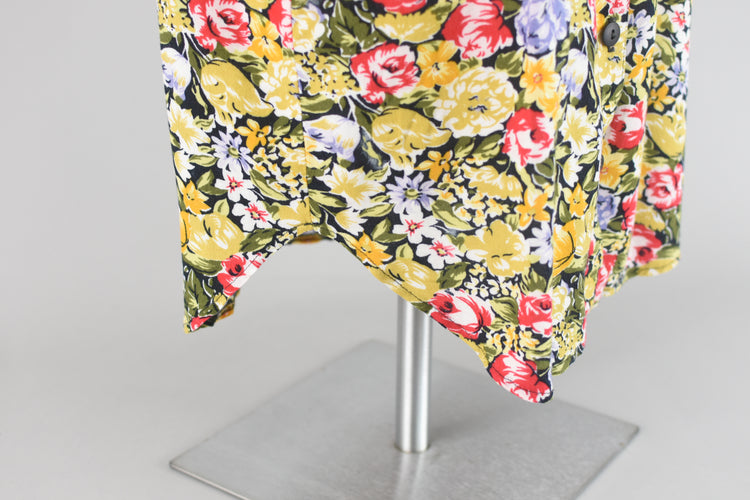 80s Yellow Floral Print Blouse Medium - Large