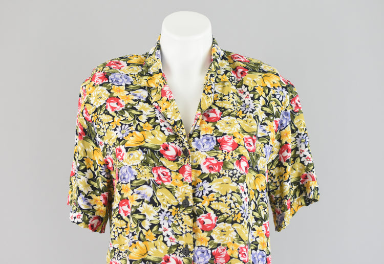 80s Yellow Floral Print Blouse Medium - Large