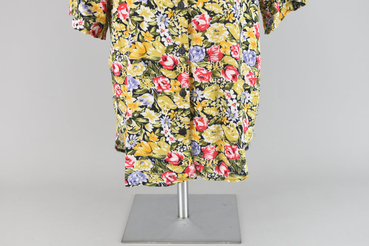 80s Yellow Floral Print Blouse Medium - Large