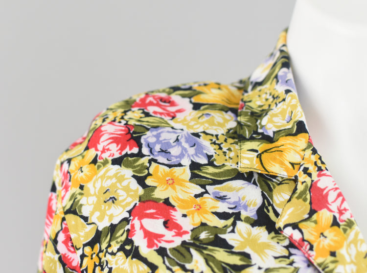 80s Yellow Floral Print Blouse Medium - Large