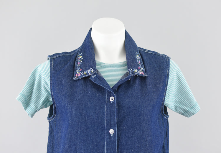 90s Embroidered Floral Sleeveless Jean Shirt Small