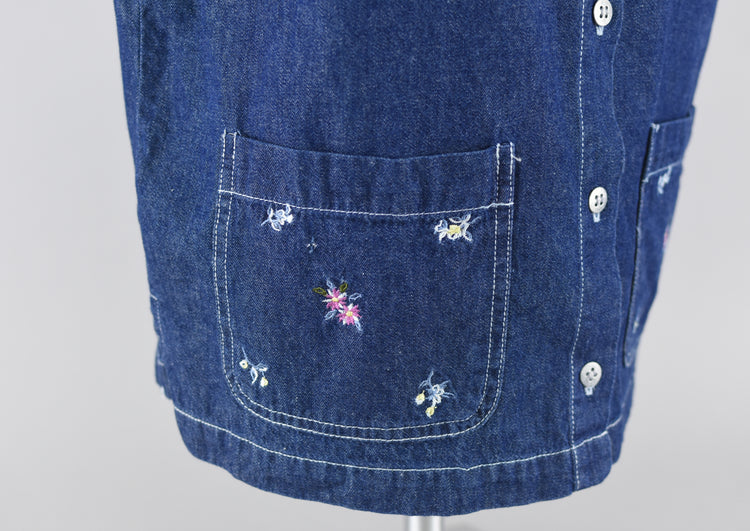 90s Embroidered Floral Sleeveless Jean Shirt Small