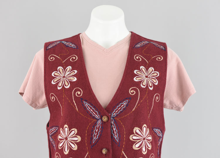 90s Embroidered Floral Wool Hippie Vest Women's Medium