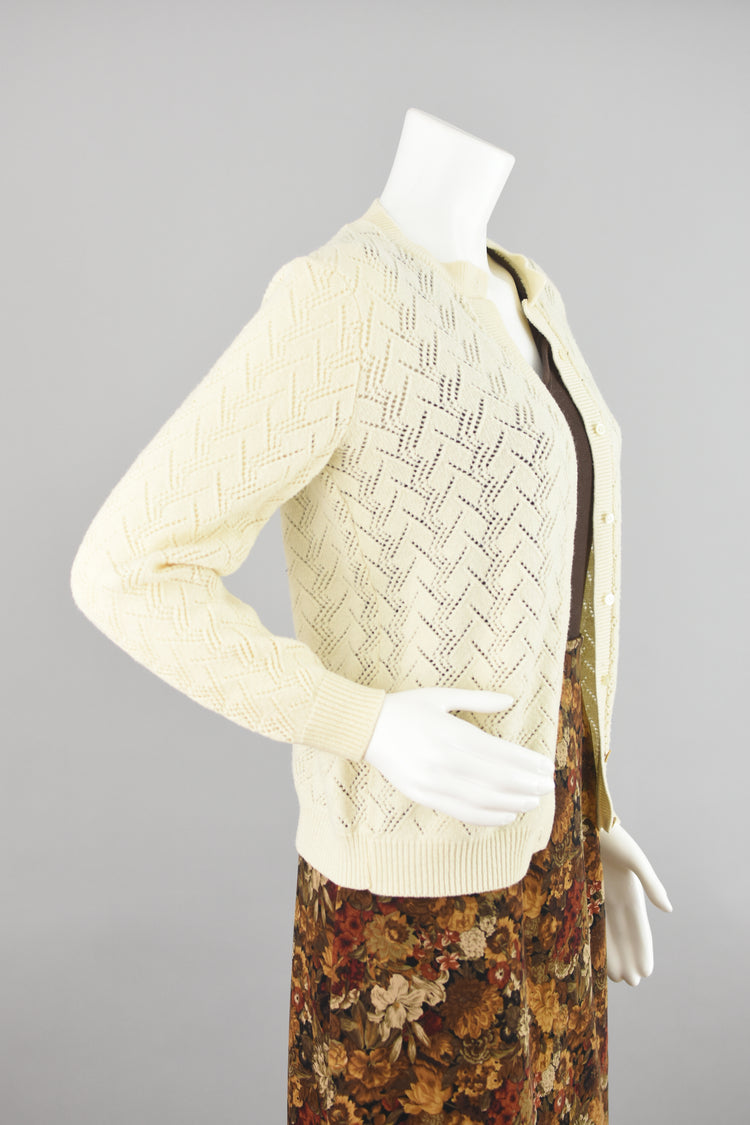 70s Eyelet Crochet Knit Cardigan Women's Small