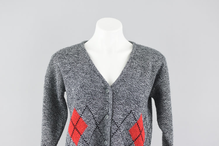 80s Gray Argyle Cropped Cardigan Medium