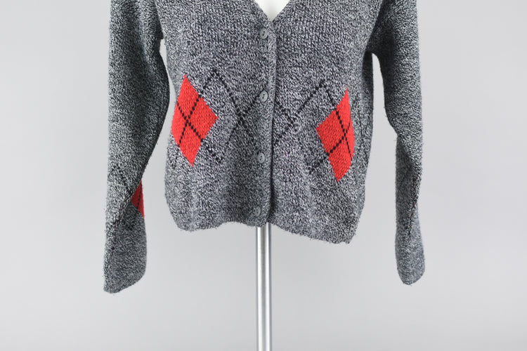 80s Gray Argyle Cropped Cardigan Medium