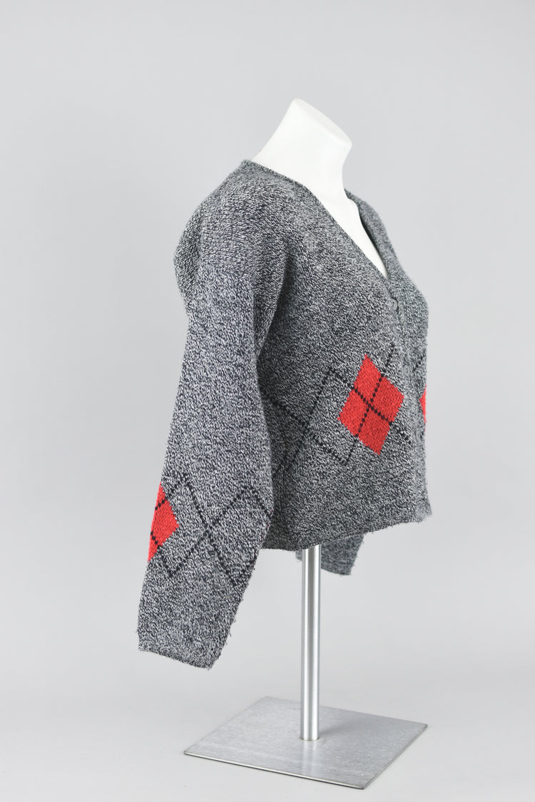 80s Gray Argyle Cropped Cardigan Medium