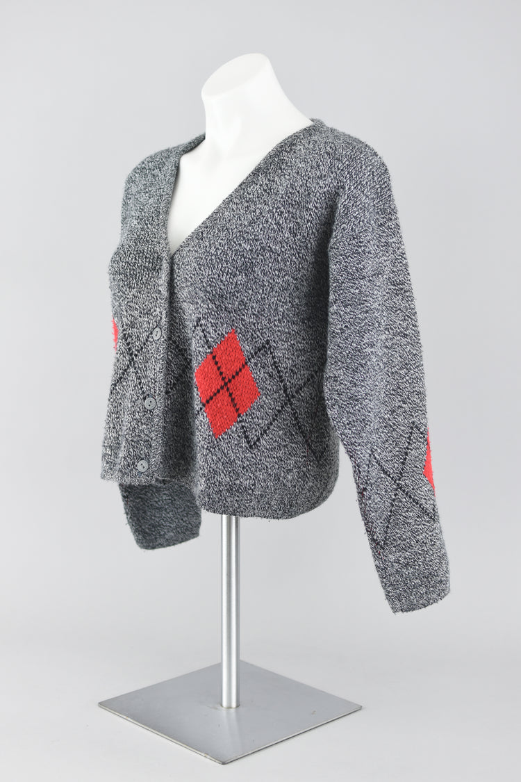 80s Gray Argyle Cropped Cardigan Medium