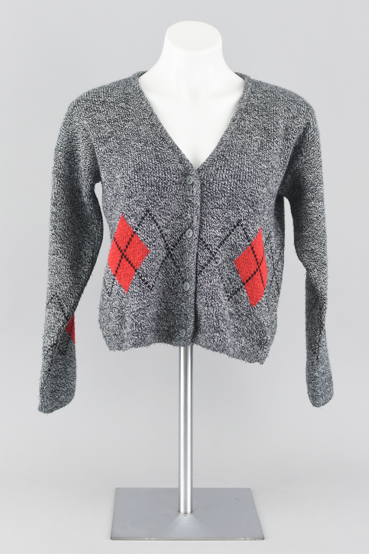 80s Gray Argyle Cropped Cardigan Medium