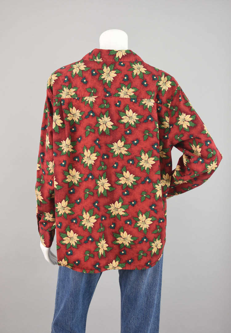 90s Red Holly Floral Novelty Print Blouse Women's Large - XL