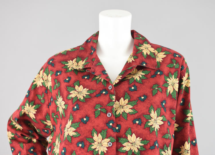 90s Red Holly Floral Novelty Print Blouse Women's Large - XL