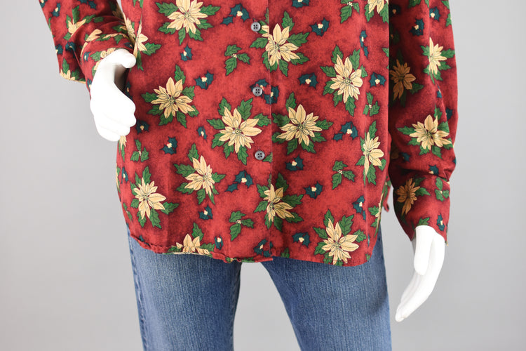 90s Red Holly Floral Novelty Print Blouse Women's Large - XL