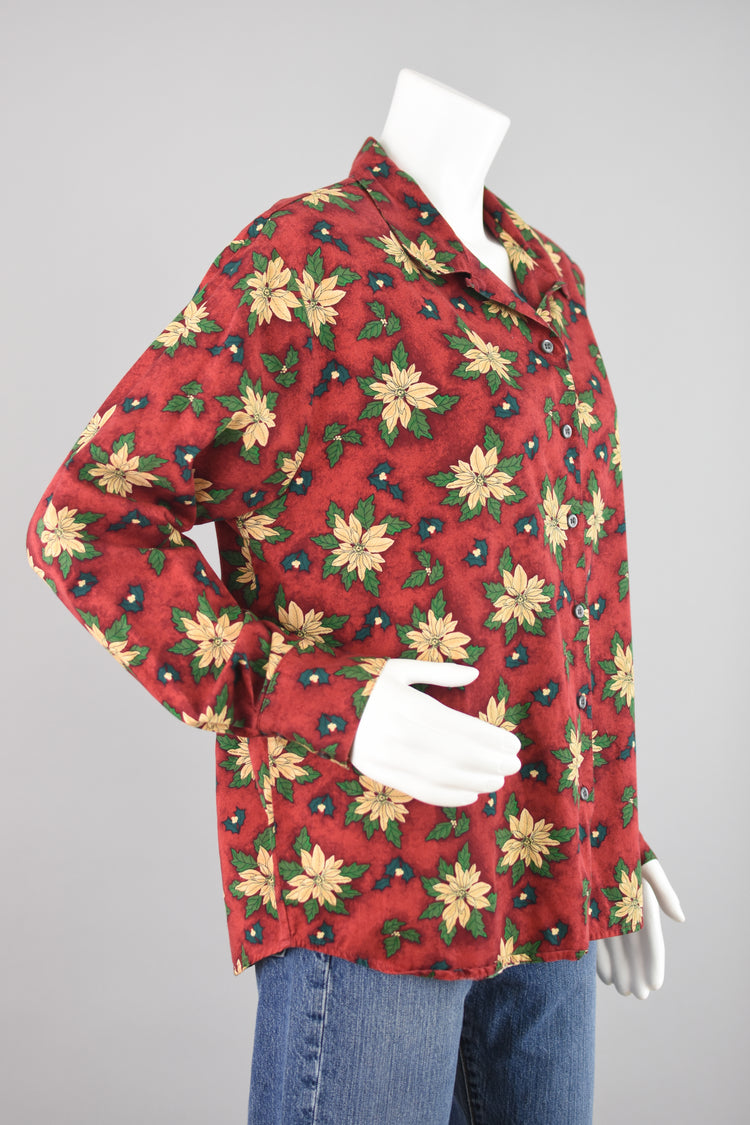 90s Red Holly Floral Novelty Print Blouse Women's Large - XL