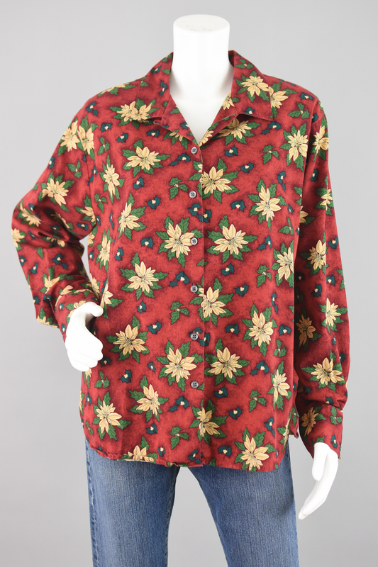 90s Red Holly Floral Novelty Print Blouse Women's Large - XL