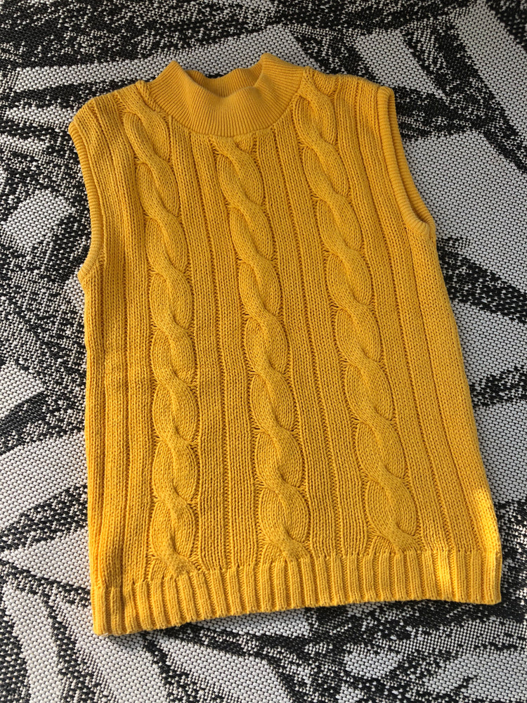 80s Yellow Cable Knit Sleeveless Mockneck Sweater Small