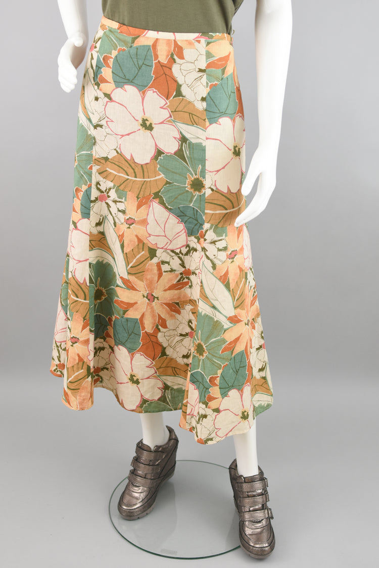 Y2K Large Floral Print Linen Midi Skirt Women's Size 10