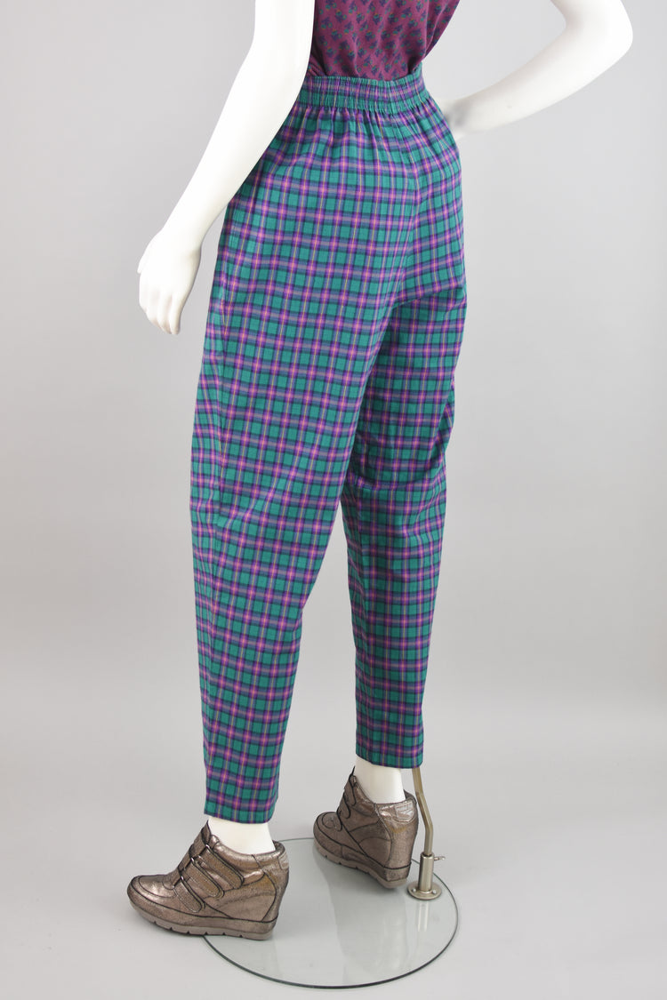 70s Koret Purple & Green Plaid High Rise Mom Pants, Women's Size 8, 28" Waist