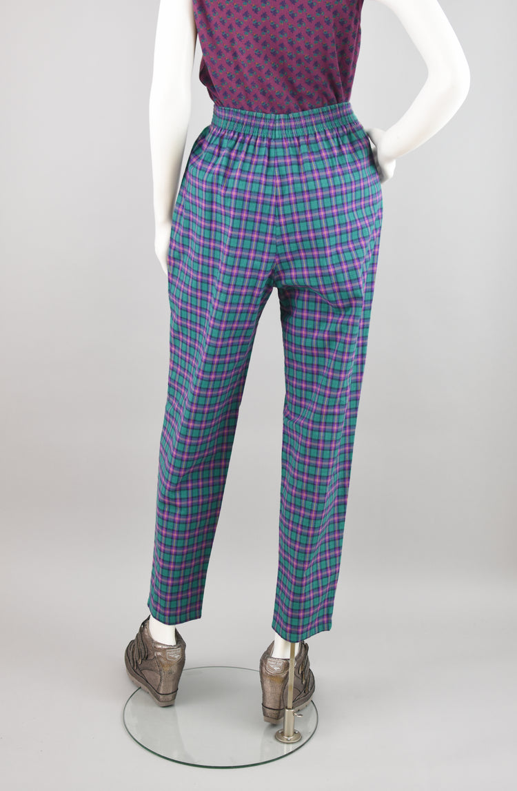 70s Koret Purple & Green Plaid High Rise Mom Pants, Women's Size 8, 28" Waist