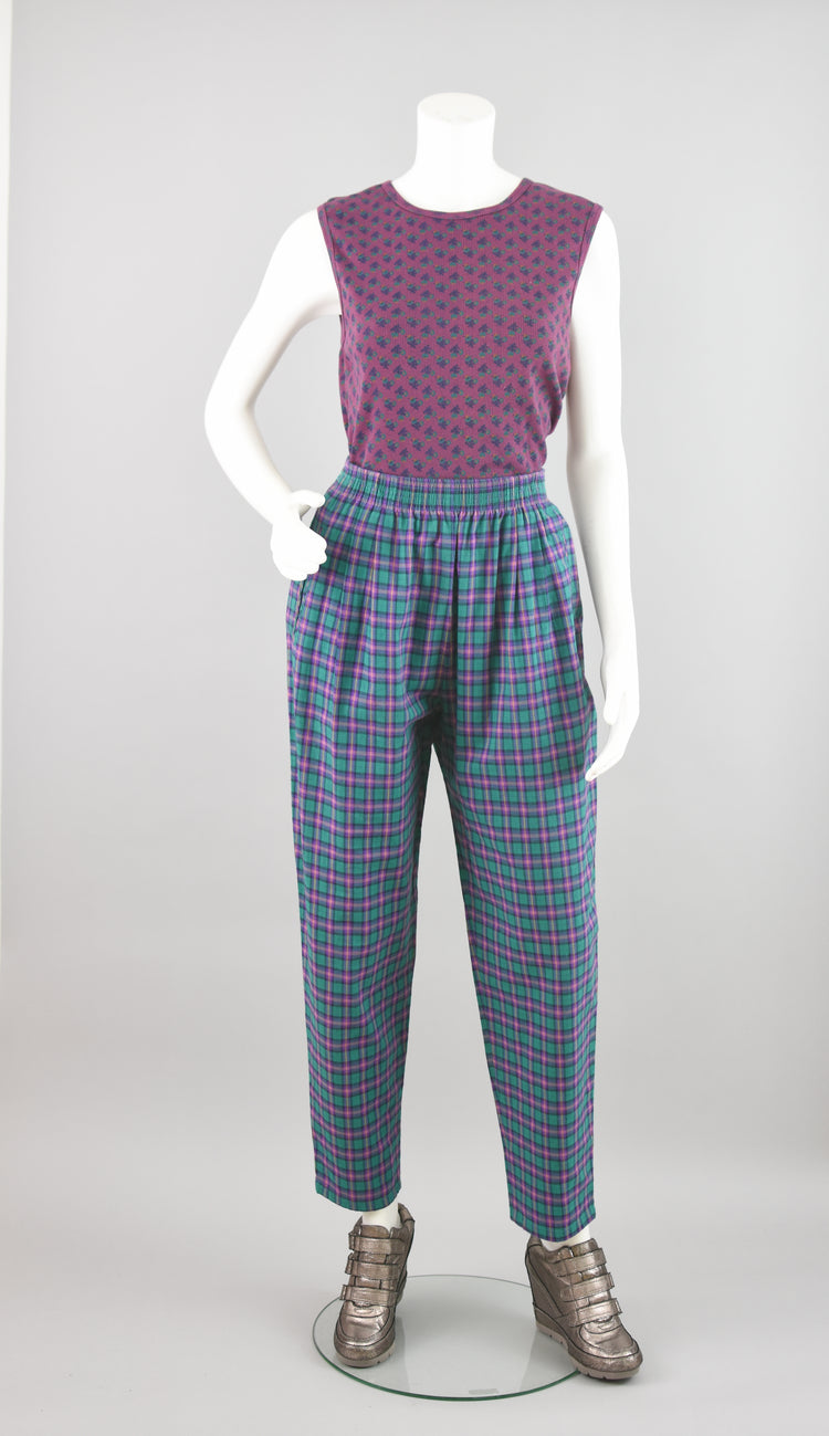 70s Koret Purple & Green Plaid High Rise Mom Pants, Women's Size 8, 28" Waist