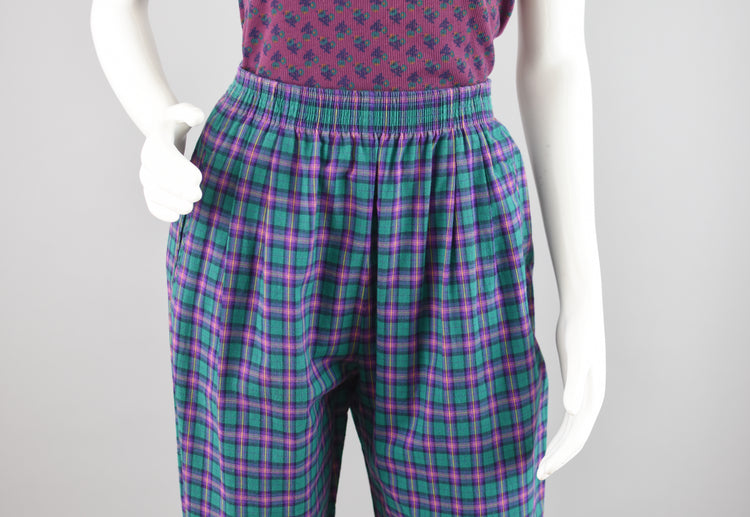 70s Koret Purple & Green Plaid High Rise Mom Pants, Women's Size 8, 28" Waist