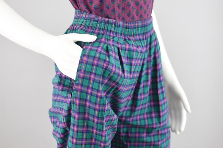 70s Koret Purple & Green Plaid High Rise Mom Pants, Women's Size 8, 28" Waist