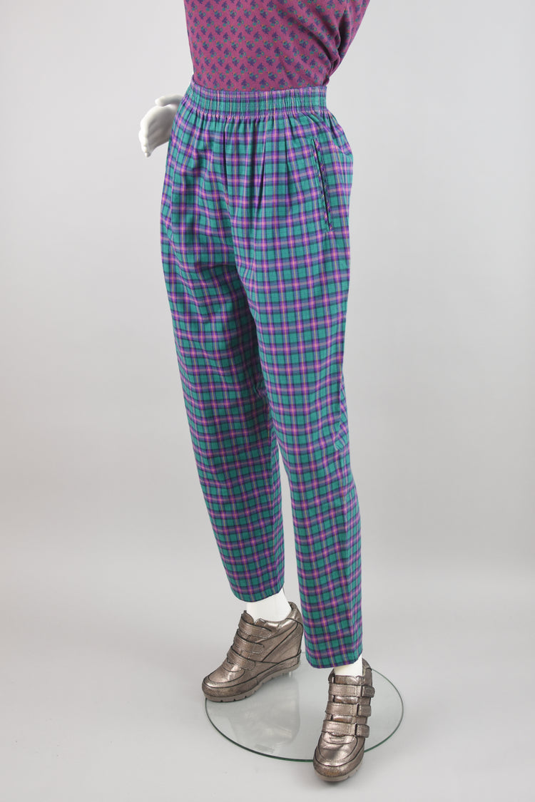 70s Koret Purple & Green Plaid High Rise Mom Pants, Women's Size 8, 28" Waist