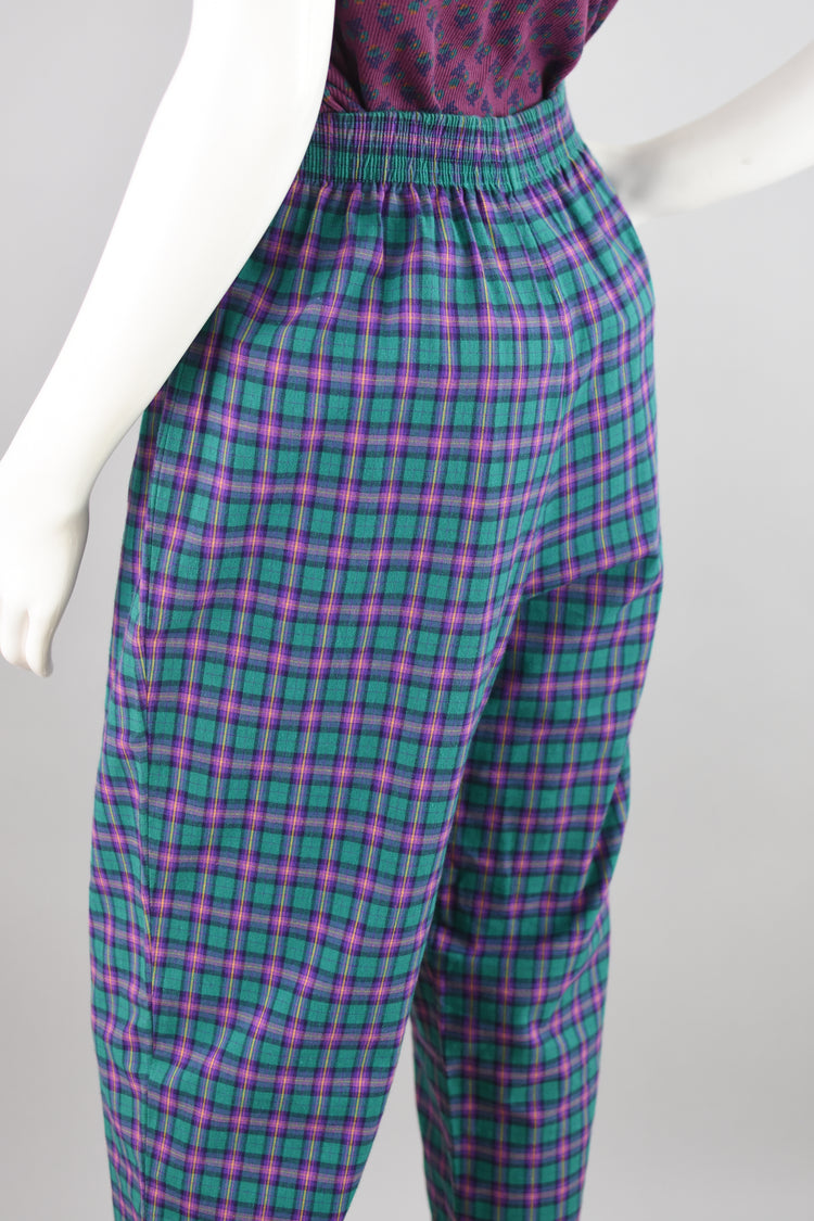 70s Koret Purple & Green Plaid High Rise Mom Pants, Women's Size 8, 28" Waist